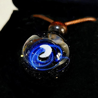Lunar Oracle Galaxy Necklace, Crescent Moon Glass Pendant, Celestial Jewelry, Mystical Night Sky Necklace, Witchy Gift