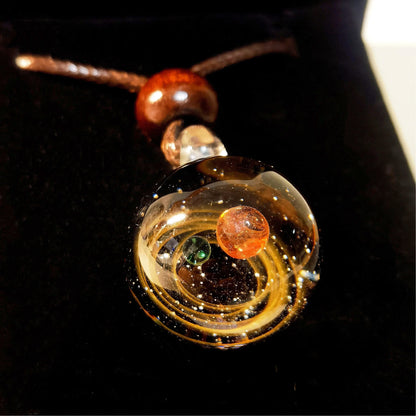 Solar Oracle – Mystical Galaxy Glass Pendant Necklace, Celestial Fire & Cosmic Orbit Jewelry