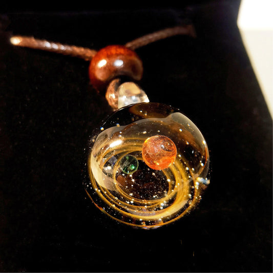 Solar Oracle – Mystical Galaxy Glass Pendant Necklace, Celestial Fire & Cosmic Orbit Jewelry