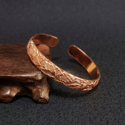 Sacred Bloom Copper Cuff Bracelet, Mystical Floral Talisman, Vintage Amulet Jewelry, Witchy Boho Bracelet, Spiritual Gift
