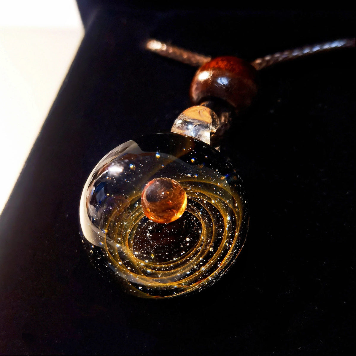 Solar Oracle – Mystical Galaxy Glass Pendant Necklace, Celestial Fire & Cosmic Orbit Jewelry