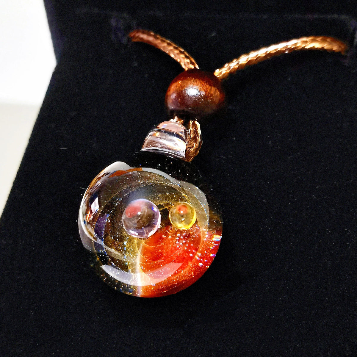 Solar Oracle – Mystical Galaxy Glass Pendant Necklace, Celestial Fire & Cosmic Orbit Jewelry
