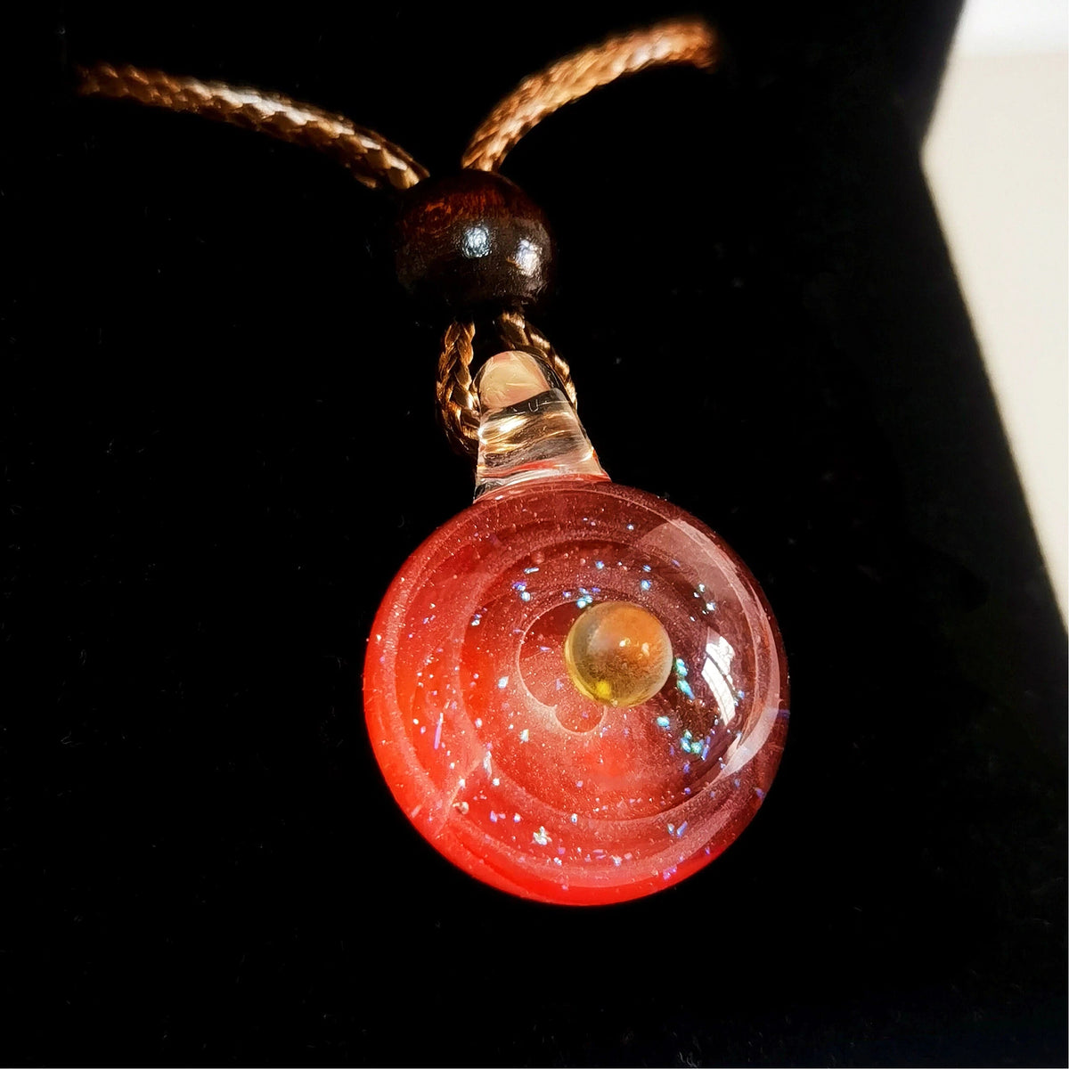 Solar Oracle – Mystical Galaxy Glass Pendant Necklace, Celestial Fire & Cosmic Orbit Jewelry
